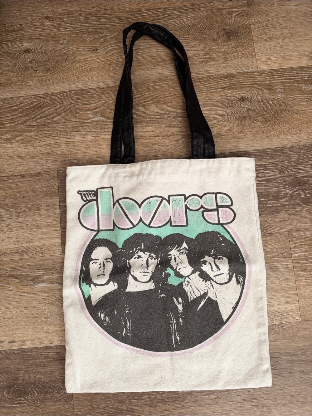The Doors Canvas Tote Bag in White with Black faux leather Handles
